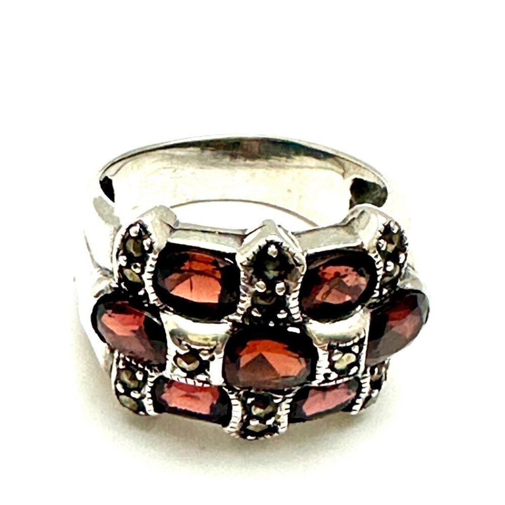 Sterling Silver 925 Stamped Garnet and Marcasite Ring Size 10 Vintage